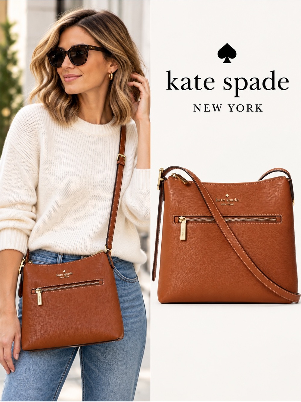 Kate Spade Large Swingpack Crossbody Bag Cognac Brown Leather